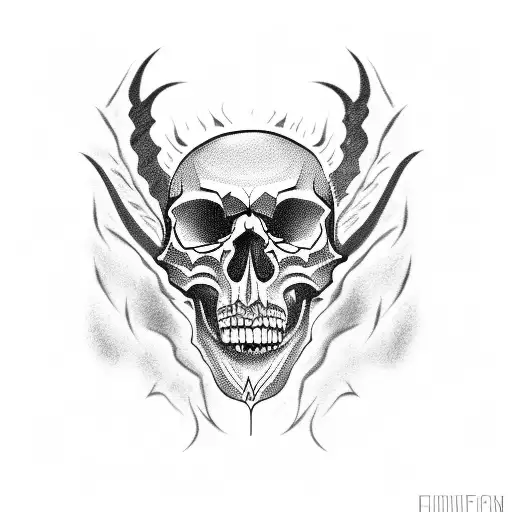 skull half demon on fire tattoo design idea