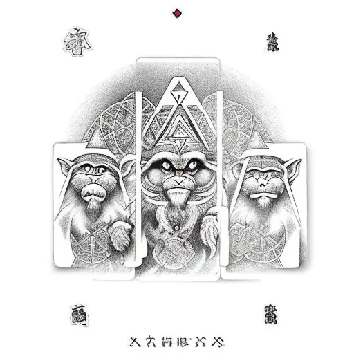 tarot card the three wise monkeys and zelda triforce  tattoo design idea