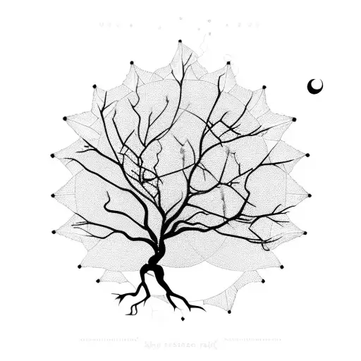 A blackwork silhouette of a tree of life with Sagittarius constellation incorporated in its branches tattoo design idea