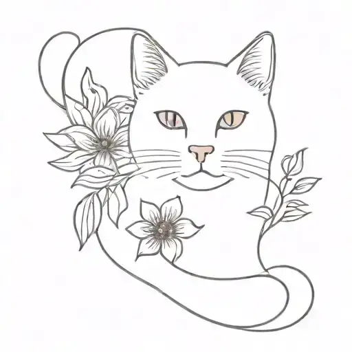A minimalist design of a cat and a flower merged together in a unique way tattoo design idea