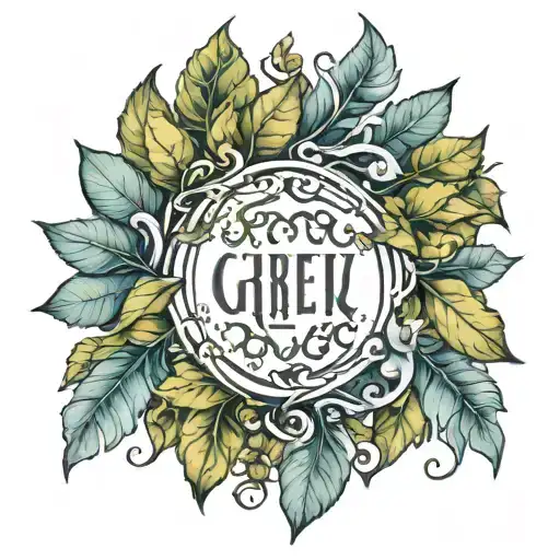 Greek leaves wreath Dezelan name in the middle surrounded tattoo design idea