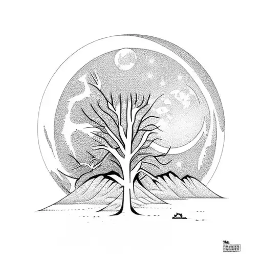 Moon behind oak trees tattoo design idea