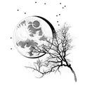 Moon behind oak trees tattoo design idea