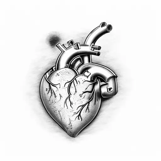A stylized human heart with a turbocharger and NO2 symbols incorporated tattoo design idea