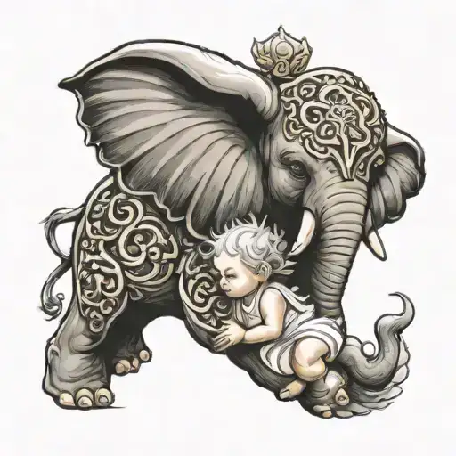 angel protecting a baby elephant tattoo design idea