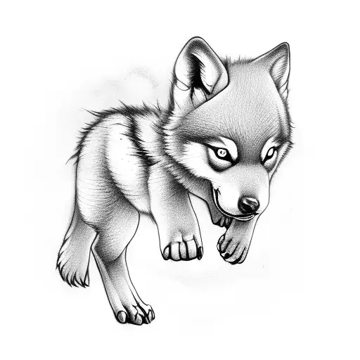 baby wolf with angel wings chewing on halo tattoo design idea