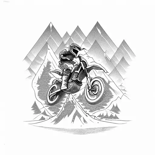 Dirt bike jumping over a mountain range tattoo design idea