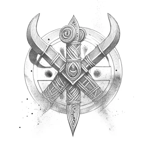 viking axes, tree and viking compus tattoo design idea