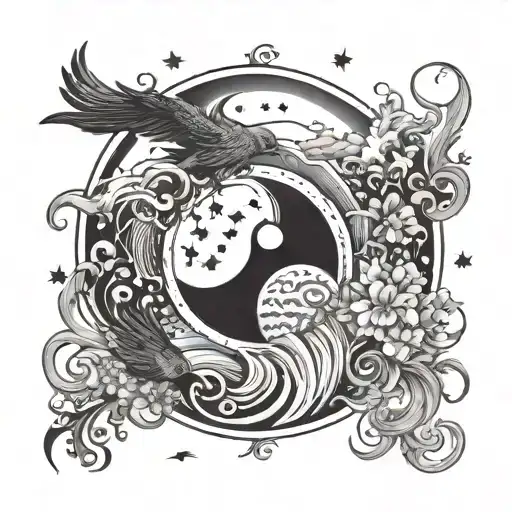 Please draft Yin Yang style tattoo, Yin having moon & stars and Yang having sun, wave & birds in black  tattoo design idea