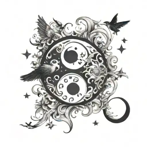 Please draft a circl Yin Yang style tattoo. Yin having moon & stars black and Yang having sun, wave & birds in grey  tattoo design idea