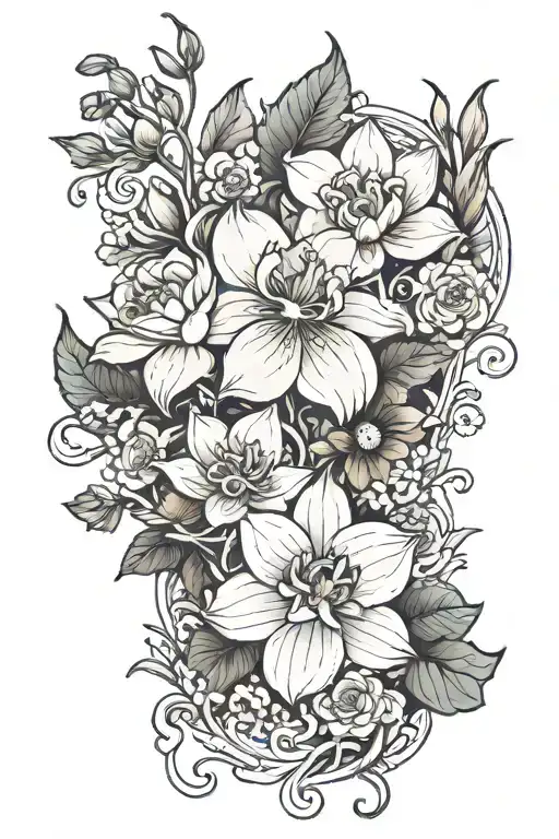 orchid, water lily, roses, geraniums, sunflower, Lily, honeysuckle and thistle tattoo design idea