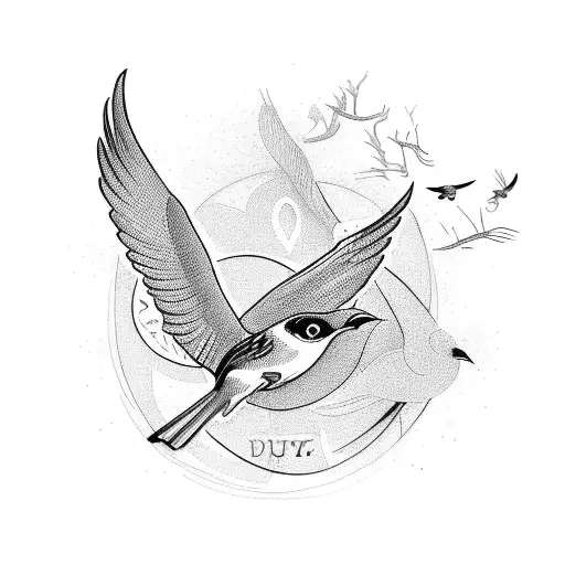 A name with birds flying out of it and the date the person was born and the date they died underneath tattoo design idea