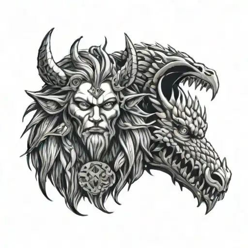 Goddesshel half beautiful face half dead face Fenrir and jörmungandr on throne in midgard lokis children tattoo design idea
