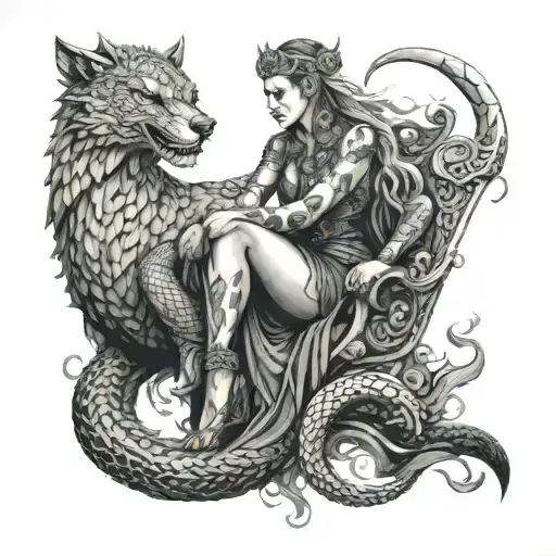 Godess Hel sitting on a throne with, fenrir the wold laying at her side and jörmungandr the world serpent behind her.  tattoo design idea