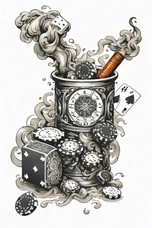 playing card, poker chips, a lighter and dice engulfed in smoke from a cigar at the bottom tattoo design idea