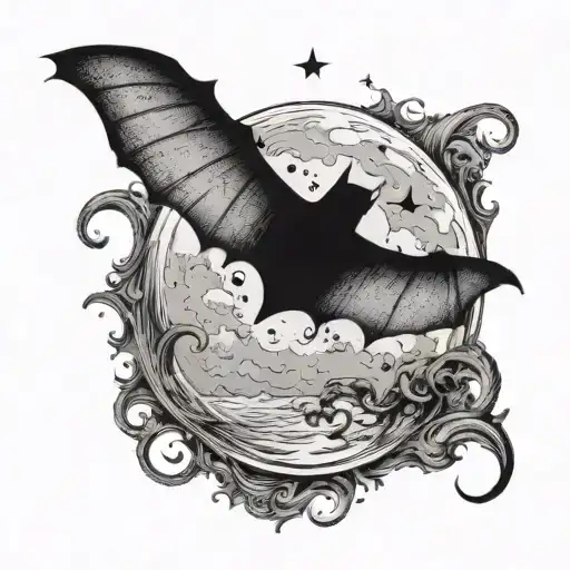 Create a tattoo of a bat flying over a semi colon-shaped moon tattoo design idea
