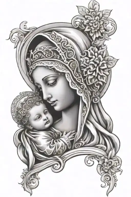 A beautiful Madonna and Child design incorporating elements of Polish culture and luxury, representing the client's devotion to Catholicism and family tattoo design idea