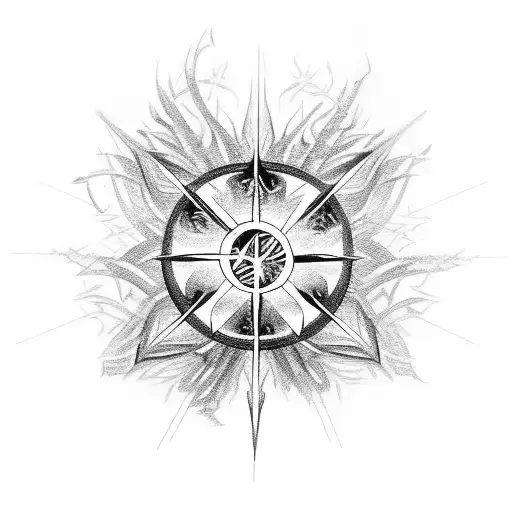 a chaos star with beams of ak 47 bullet and a circle of barbed wire tattoo design idea