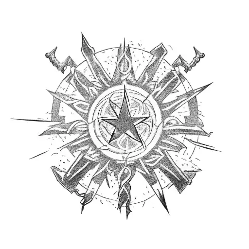 a chaos star with beams of ak 47 bullet and a circle of barbed wire tattoo design idea