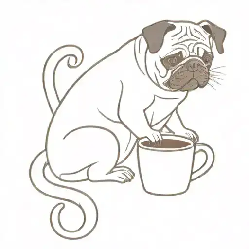 A pug sitting with a mug of coffee next to him, a red cat chewing a cracker tattoo design idea