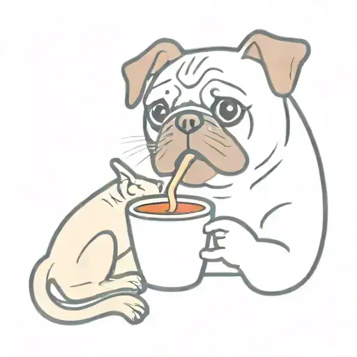 Pug drinking coffee next to a red cat chewing a cracker tattoo design idea