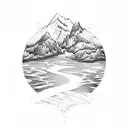 Mountain lake (compass incorporated) flowing into a river and down a waterfall splashing into an airplane  tattoo design idea