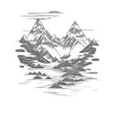 Mountain lake (compass incorporated) flowing into a river and down a waterfall splashing into an airplane  tattoo design idea