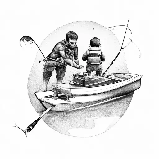 father and son fishing on boat tattoo design idea