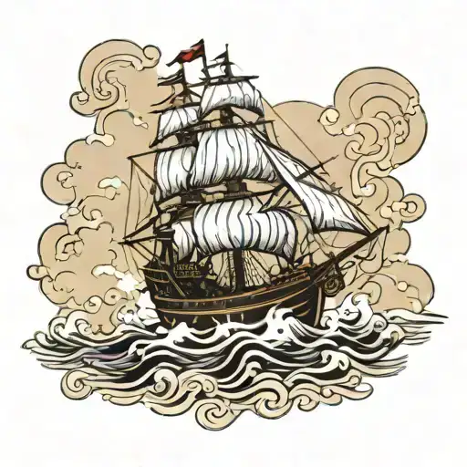 A traditional tattoo of a pirate ship sailing towards a mysterious island, embodying the spirit of adventure and exploration tattoo design idea