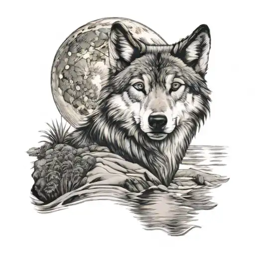 A realistic tattoo of a wolf howling at the moon on a beach, capturing the beauty of nature and animals tattoo design idea