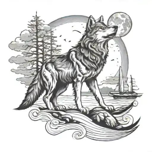 A realistic tattoo of a wolf howling at the moon on a beach, capturing the beauty of nature and animals tattoo design idea