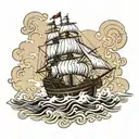 A traditional tattoo of a pirate ship sailing towards a mysterious island, embodying the spirit of adventure and exploration tattoo design idea