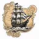 A traditional tattoo of a pirate ship sailing towards a mysterious island, embodying the spirit of adventure and exploration tattoo design idea