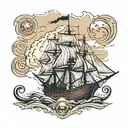 A traditional tattoo of a pirate ship sailing towards a mysterious island, embodying the spirit of adventure and exploration tattoo design idea