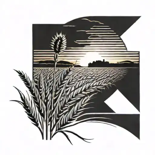 A minimalist design of a sun setting over a field of wheat, with musical staff lines in the background tattoo design idea