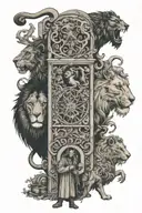chronicles of narnia the lion the witch and the wardrobe, the story, sleeve, mulitple characters, christian imagery  tattoo design idea