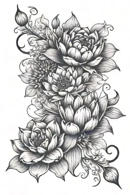 floral half sleeve with tulip, lotus, gerber daisy and hydrangea  tattoo design idea
