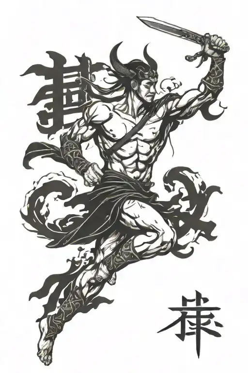 Chinese writing and Greek god Hermes tattoo design idea
