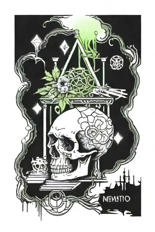 "memento mori" & "memento vivere" hourglass skull on top, tree on bottom tattoo design idea