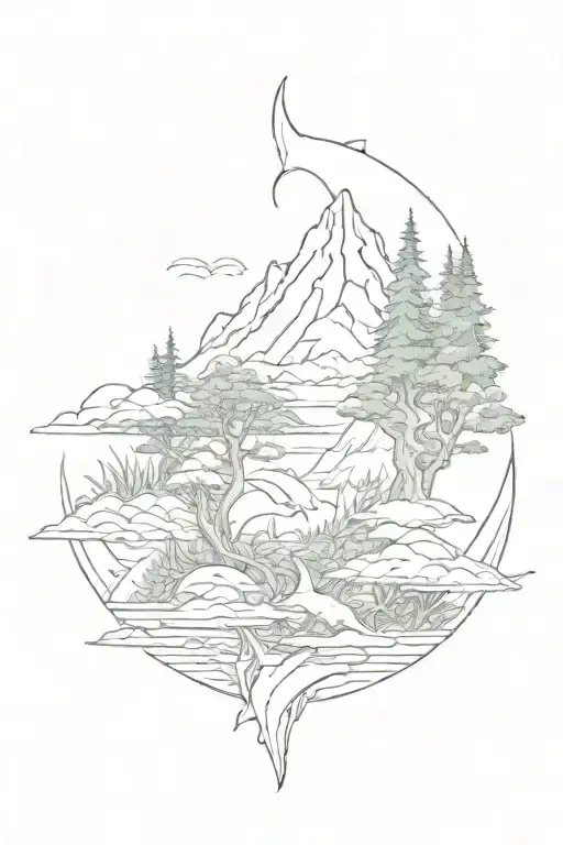 spine tatto starts with sun, then goes to mountains, then to a tree, then to mushrooms, then to water, ends with shark tattoo design idea