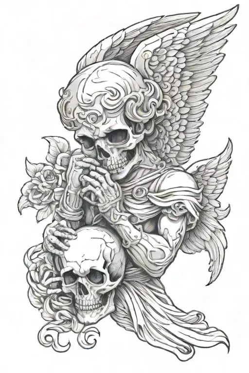 angel holding a skull head tattoo design idea