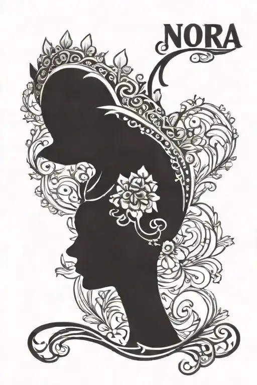 the name "nora" with a tiara hanging over the n  inspired tattoo design idea