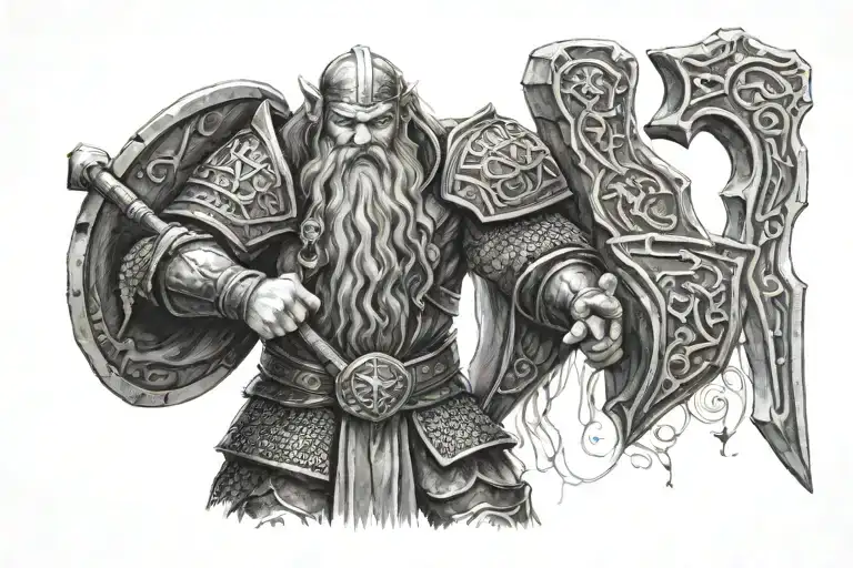 Dwarven Paladin with hammer ingraved with Runes tattoo design idea