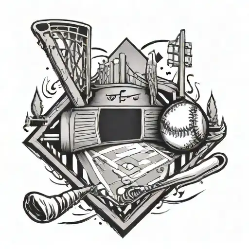 A tattoo design of a baseball diamond with musical notes floating above, showcasing your love for both music and baseball tattoo design idea