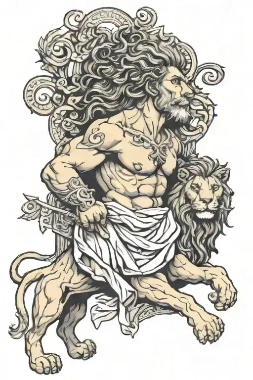greek god and lion tattoo design idea