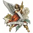 Tattoo of the Bible verse John 13:7 , with mythology angels like the Sistine chapel on arm tattoo design idea