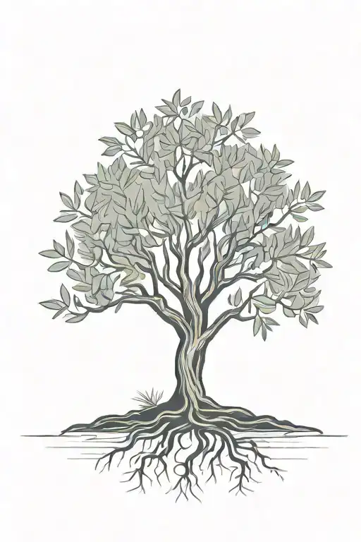 black and white  olive tree on hill with roots tattoo design idea