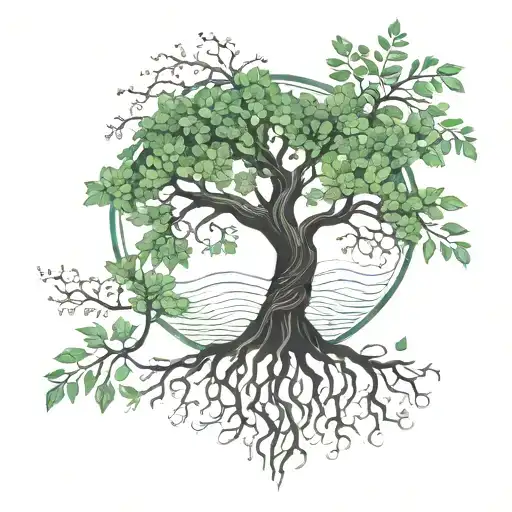 A strong tree with deep roots, small green leaves, delicate flowers and a bright heart, symbolizing love tattoo design idea