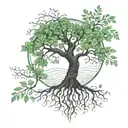 A strong tree with deep roots, small green leaves, delicate flowers and a bright heart, symbolizing love tattoo design idea