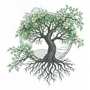 A strong tree with deep roots, small green leaves, delicate flowers and a bright heart, symbolizing love tattoo design idea